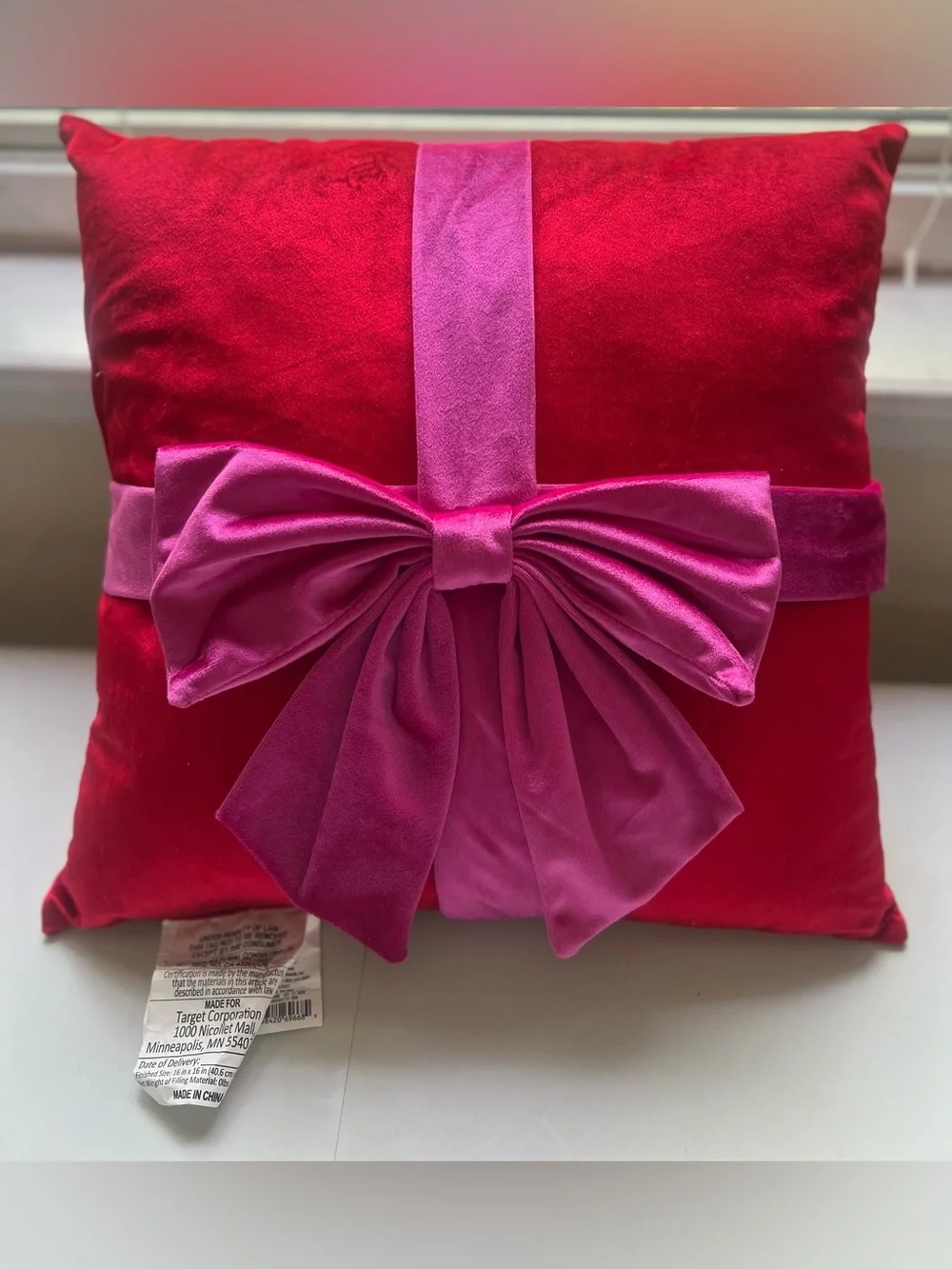 NWOT—16-Inch Christmas Red Square Pillow with Hot Pink Bow from Wondershop